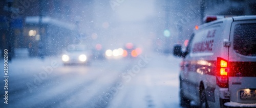 Ambulance driving on a city street during a heavy snowstorm. Emergency vehicle responding to a call in hazardous winter weather. Public safety concept for healthcare and weather warning content.