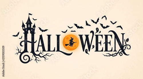 Halloween-themed text with bats and a jack-o'-lantern silhouette creates a spooky seasonal graphic.
