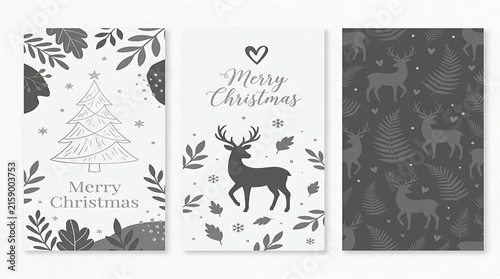 Three stylish Christmas greeting cards featuring reindeer, holly, and geometric holiday patterns on a.