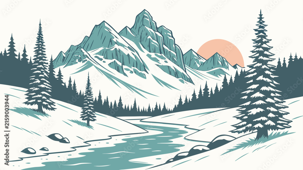 Fototapeta premium Snowy mountain river landscape vector graphic with pine forest and sun, mountain
