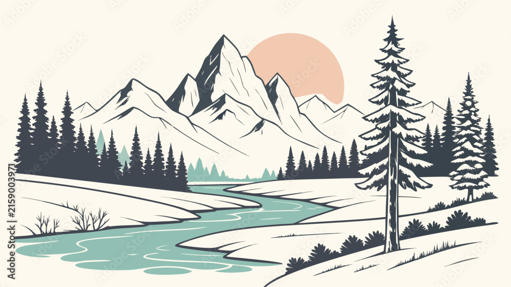 Fototapeta premium Winter mountain landscape vector graphic with river and pine trees, mountain