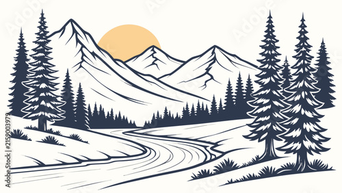 Monochrome winter mountain river landscape vector graphic and sun with mountain