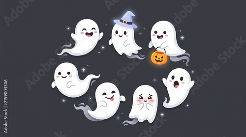 Whimsical cartoon ghosts arranged in a playful circle with a jack-o'-lantern centerpiece against dark.