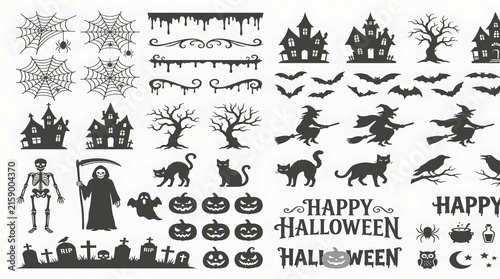 Halloween-themed illustration featuring carved pumpkins, skeletons, bats, and festive seasonal decorations in.