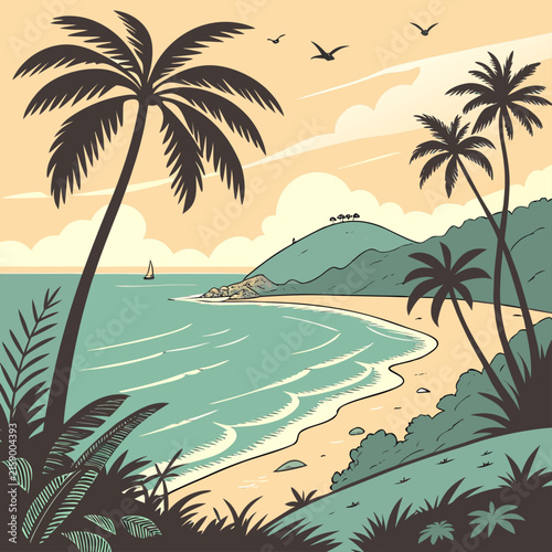 Retro tropical beach landscape illustration with palm trees ocean and sailboat