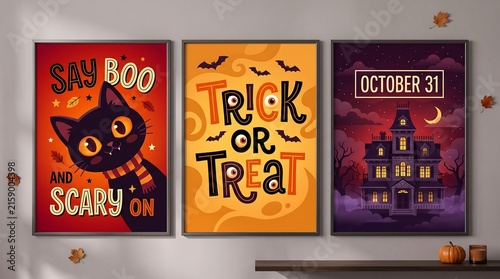 Three Halloween-themed posters displaying playful text with a black cat, haunted house, and spooky orange.
