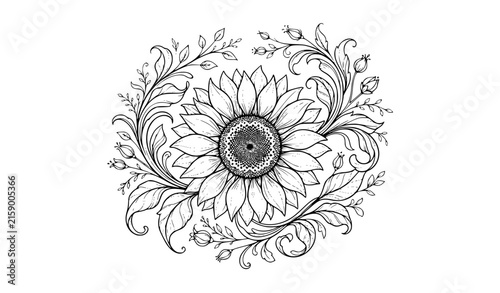 Elegant sunflower floral botanical black outline vector design