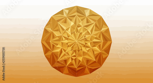 A golden geometric mandala shape floats on a soft gradient background