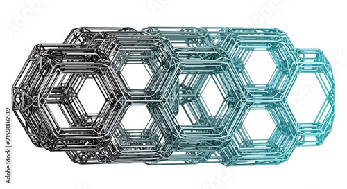 A metallic hexagonal structure transitions into a bright blue gradient