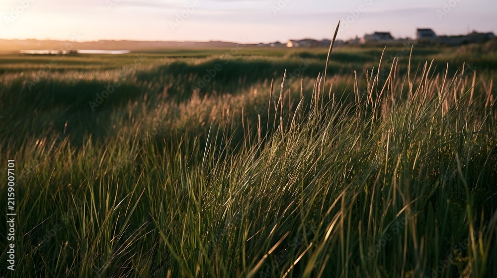 Naklejka premium Golden sunlight filters through tall grasses in a serene meadow at dusk creating soft shadows and warm tones across the landscape