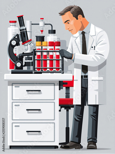Male scientist in white lab coat examining blood samples in laboratory