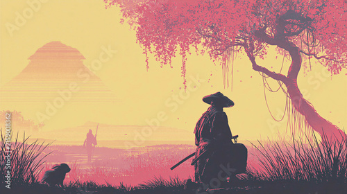 Samurai silhouette resting under cherry blossom tree in misty landscape