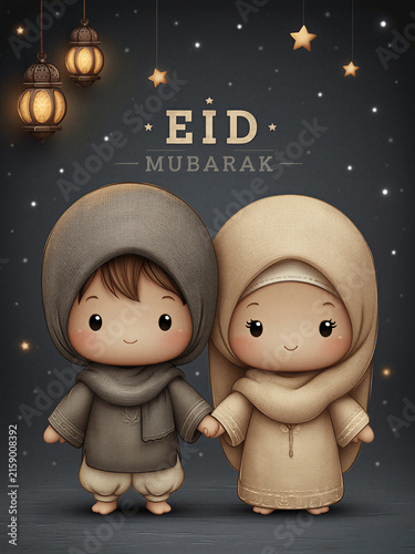 Cute Muslim children celebrating Eid Mubarak in traditional clothing
