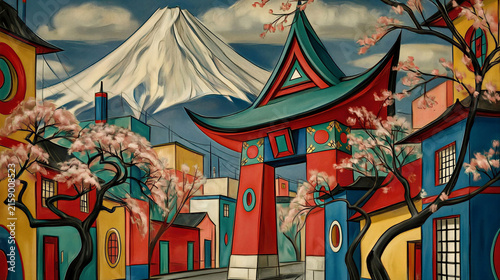 Stylized Japanese landscape with Mount Fuji, torii gate and cherry blossoms