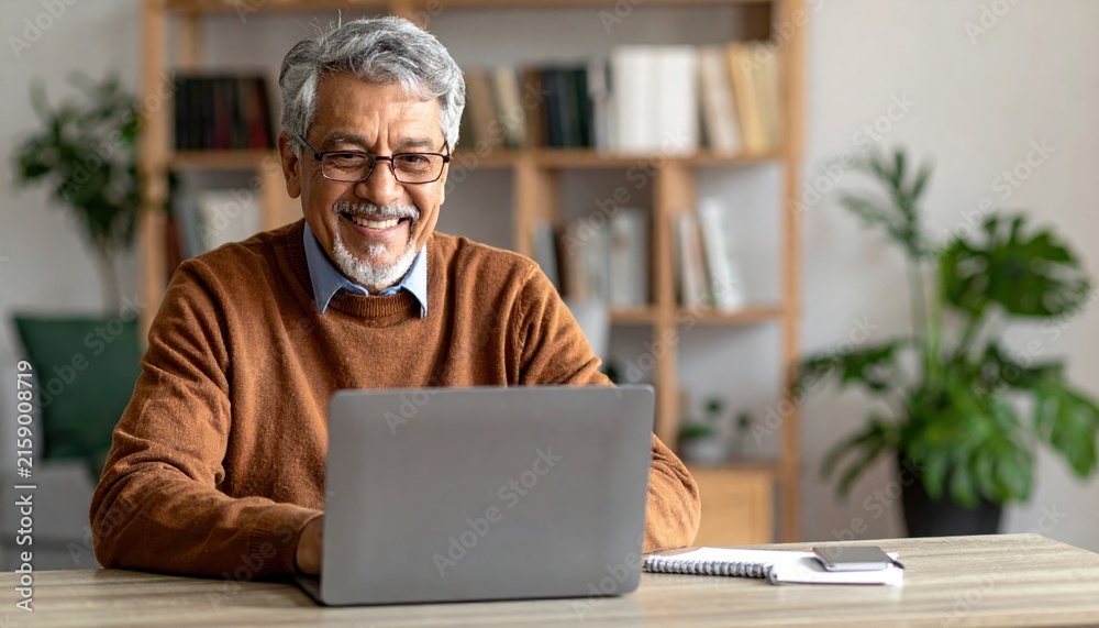 Fototapeta premium Senior man smiling while using laptop at home, technology and active aging concept