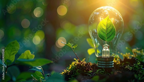 Green leaf inside glowing light bulb representing clean energy and sustainability