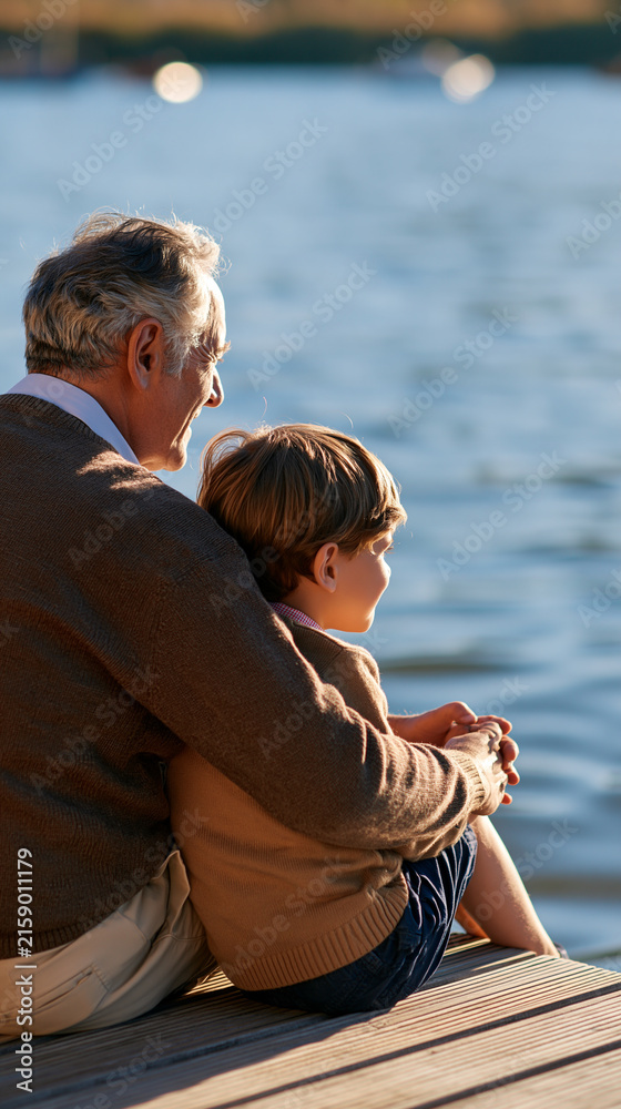 Fototapeta premium rear view of a grandfather and grandson sitting together on a dock by a bright lake, backs to camera, bonding and enjoying nature concept, intergenerational, calm, outdoor,