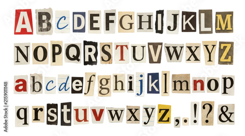 Alphabet letters cut from magazines isolated on transparent background