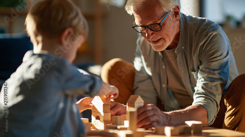 rear view of an overjoyed caucasian grandfather building with bricks blocks alongside his preschooler grandson at home in a bright room, back to camera, playful family bonding