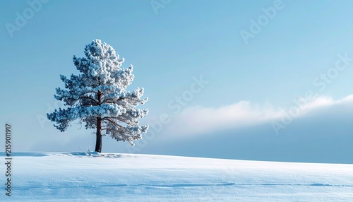 Minimal winter landscape with single pine tree covered in snow against pale blue sky, copy space