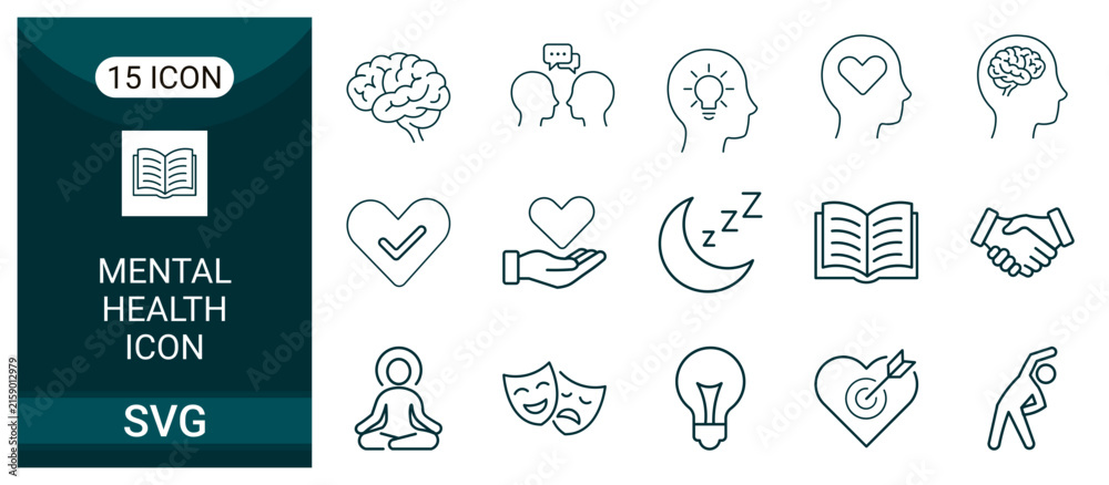 Fototapeta premium Set of fifteen mental health and wellness line icons featuring brain psychology mindfulness therapy and emotional balance concepts