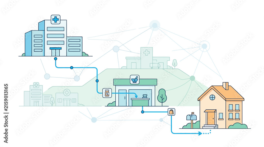 Obraz premium Healthcare Network: Hospital, Pharmacy, and Home Connected