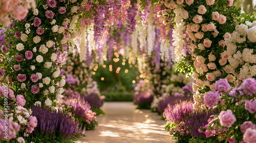 Dreamlike Floral Archway Garden Path With Pink Roses And Sunlight