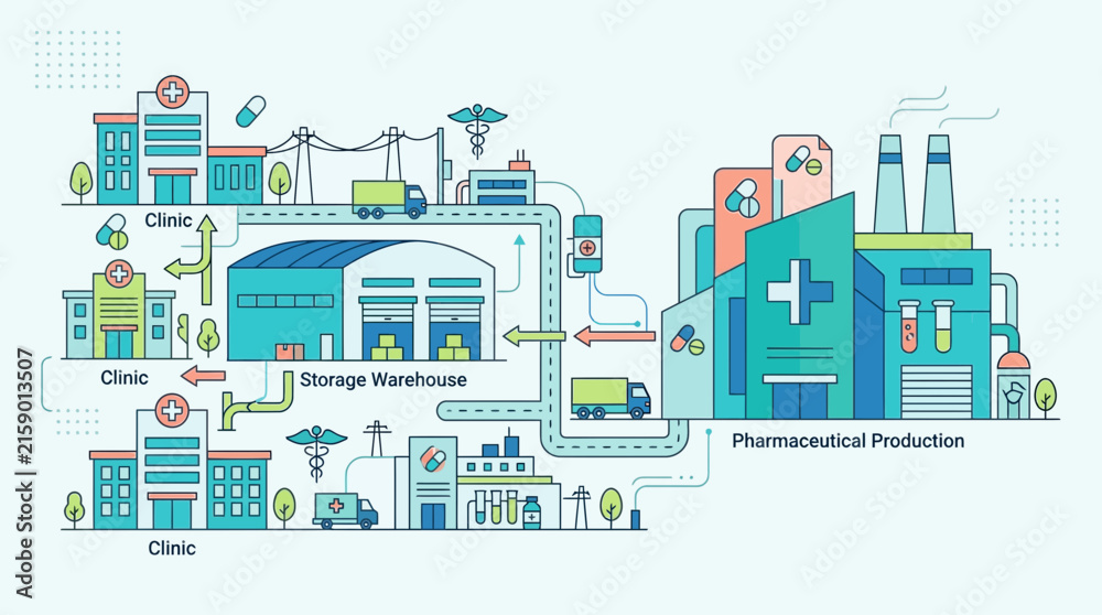 Obraz premium Pharmaceutical Supply Chain: Clinic, Warehouse, Production Process Flow