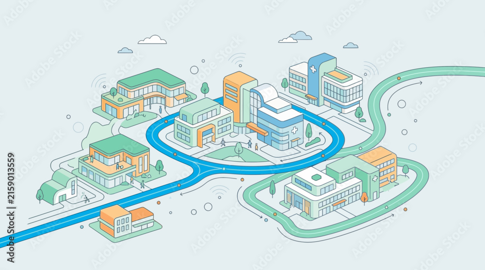 Fototapeta premium Connected City Buildings with Network Lines, Isometric Illustration