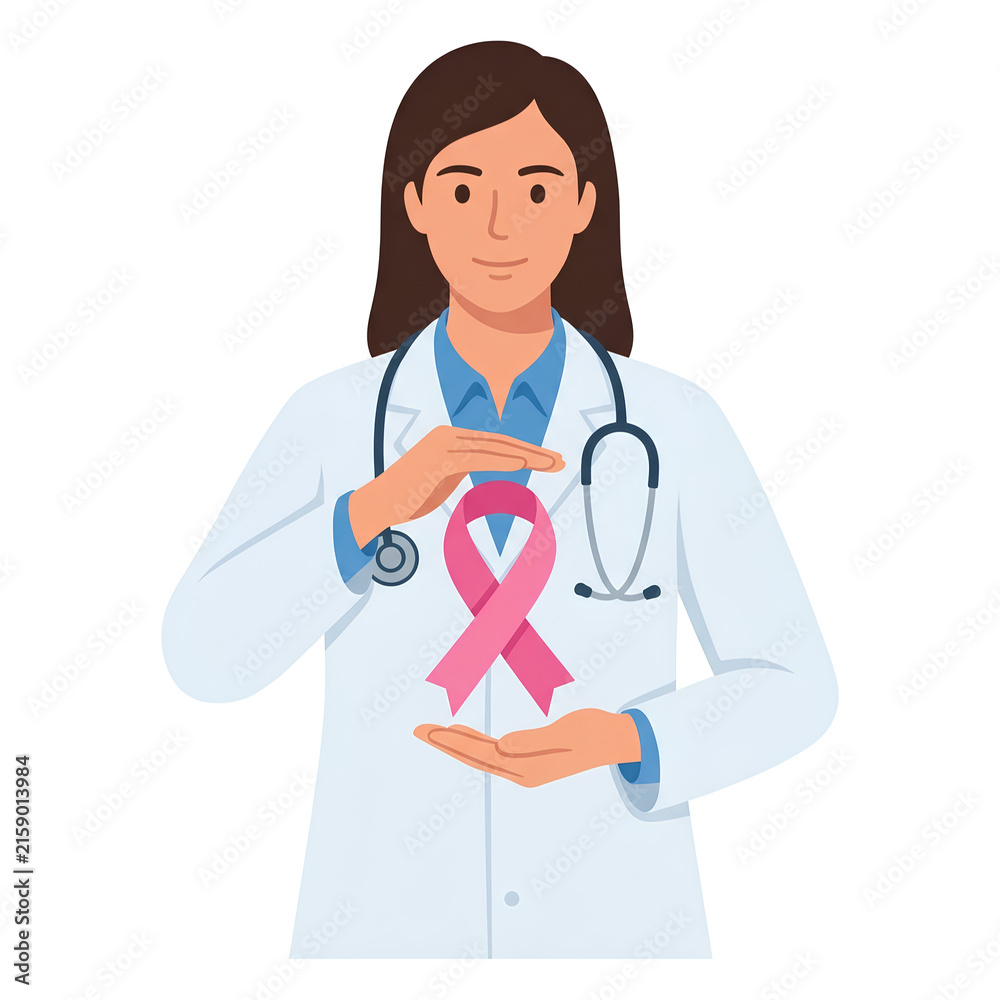 Fototapeta premium Female Doctor Holding Pink Ribbon Symbol of Breast Cancer Awareness 2.