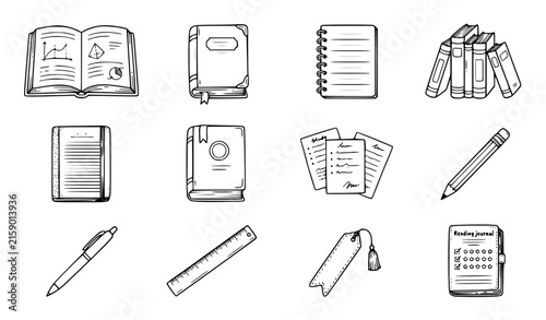 Hand drawn school books notebooks study materials black line art vector set