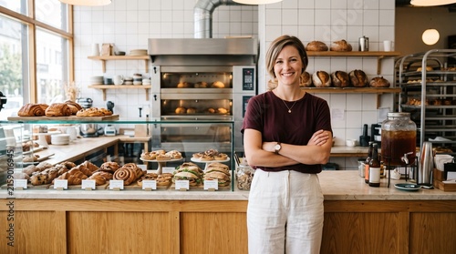 Female small business owner standing confidently inside modern artisan bakery