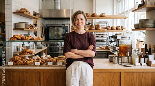 Female small business owner standing confidently inside modern artisan bakery