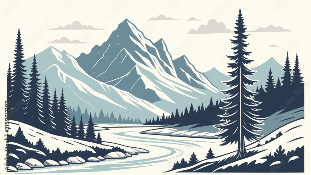 Fototapeta premium Vintage mountain landscape with pine forest and winding river, snowy peaks