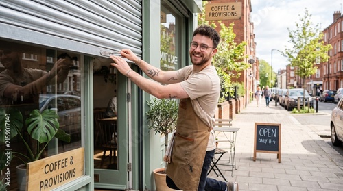 Smiling small business owner opening his local shop in the morning