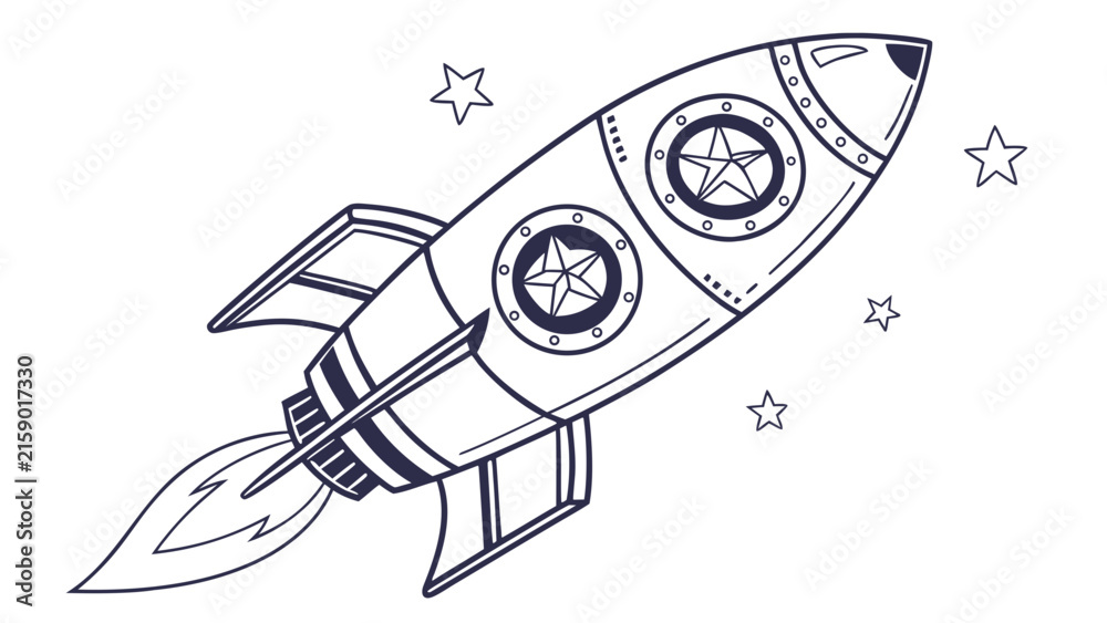 Fototapeta premium Retro space rocket flying through stars outline illustration vector graphic