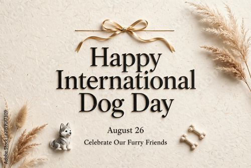 Happy International Dog Day Banner Template Featuring Minimalist Typography With Golden Ribbon Cute Tiny Dog Toy Bones And Dried Pampas Grass Decorative Elements Graphic Asset