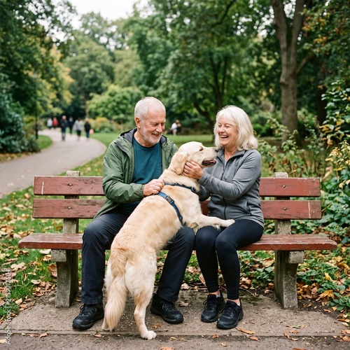 Happy senior couple relaxing with golden retriever in green park