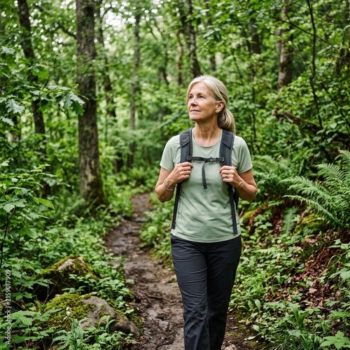 Active senior woman hiking alone on a lush forest trail