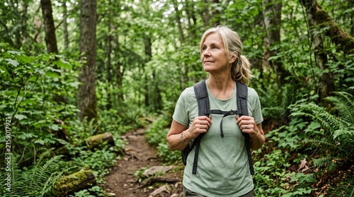 Active senior woman hiking alone on a lush forest trail