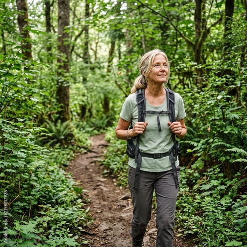 Active senior woman hiking alone on a lush forest trail