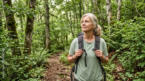 Active senior woman hiking alone on a lush forest trail