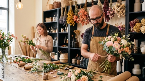 Florists creating elegant bouquets in a modern flower shop