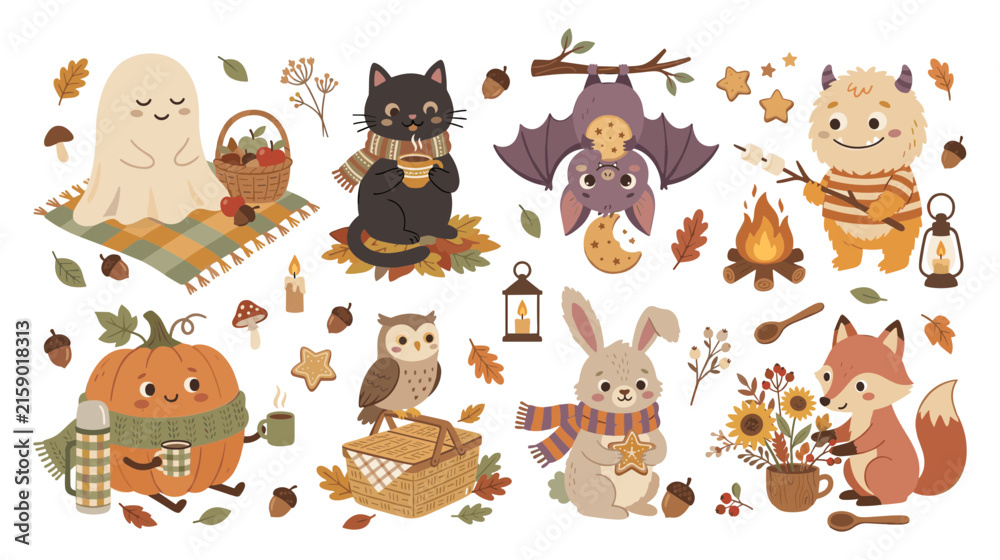 Obraz premium Cute Cozy Autumn Halloween Clipart Vector Set with Ghost Black Cat Bat Owl Rabbit Fox and Monster Picnic Elements for Seasonal Greeting Card Designs