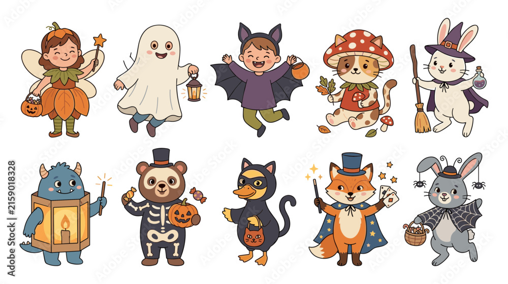 Fototapeta premium Cute Halloween Kids and Animals in Costumes Clipart Vector Set with Witch Ghost Vampire Skeleton Fox Cat and Rabbit for Trick or Treat Holiday Designs