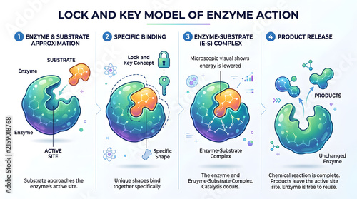 Lock and key model of enzyme action illustrating substrate binding and product release