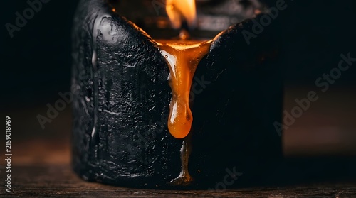 Close-up of a burning black candle with molten wax dripping down the side, creating a dramatic and atmospheric effect