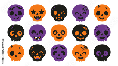 Konstfotografi Set of cute and funny halloween skulls in purple orange and black colors with ba