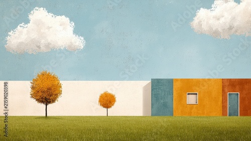 Modern Abstract Landscape with Colorful Walls and Autumn Trees Against Blue Sky and Clouds