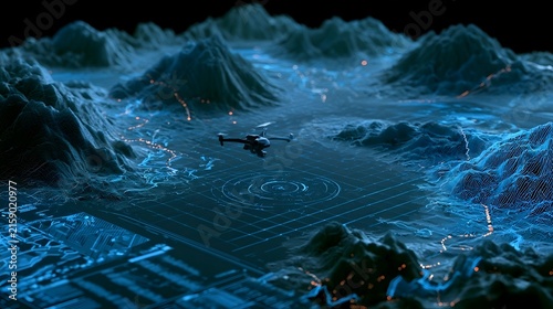3D rendering UAV telemetry interface showing a detailed topographic map Stock Illustration